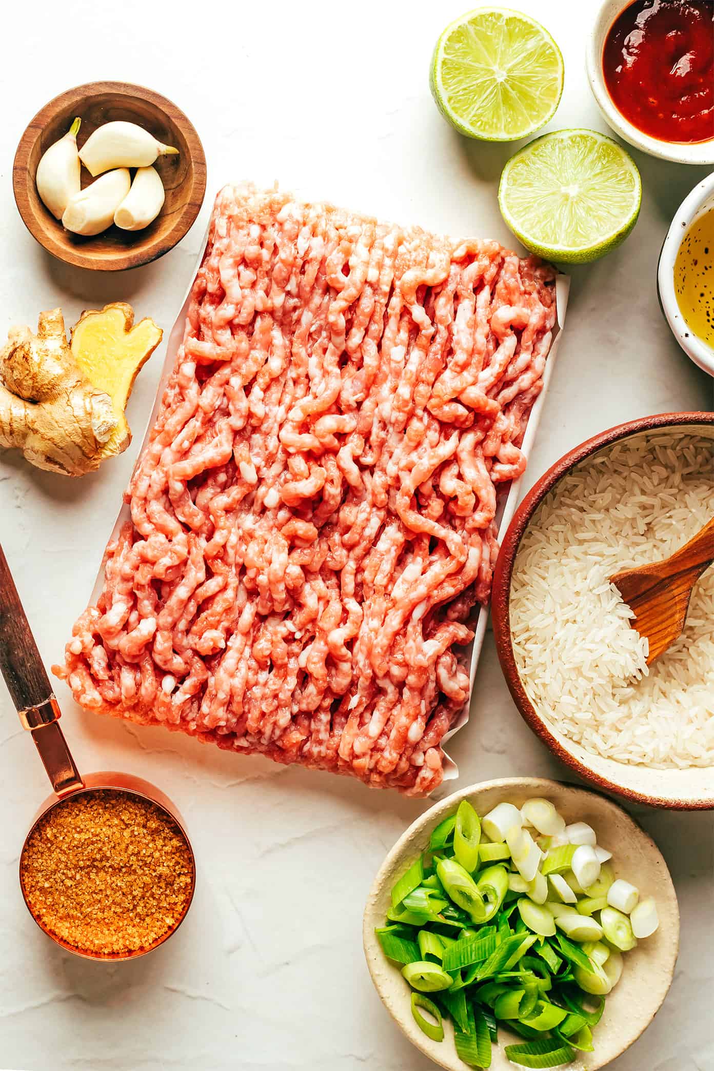 This Ginger Lime Pork with Coconut Rice recipe comes together in just 30 minutes and is bursting with sweet and savory flavors. It's also naturally gluten-free, easily adaptable with chicken, beef, turkey or seitan, and always makes for a delicious quick dinner. | gimmesomeoven.com Ginger Lime Pork Ingredients