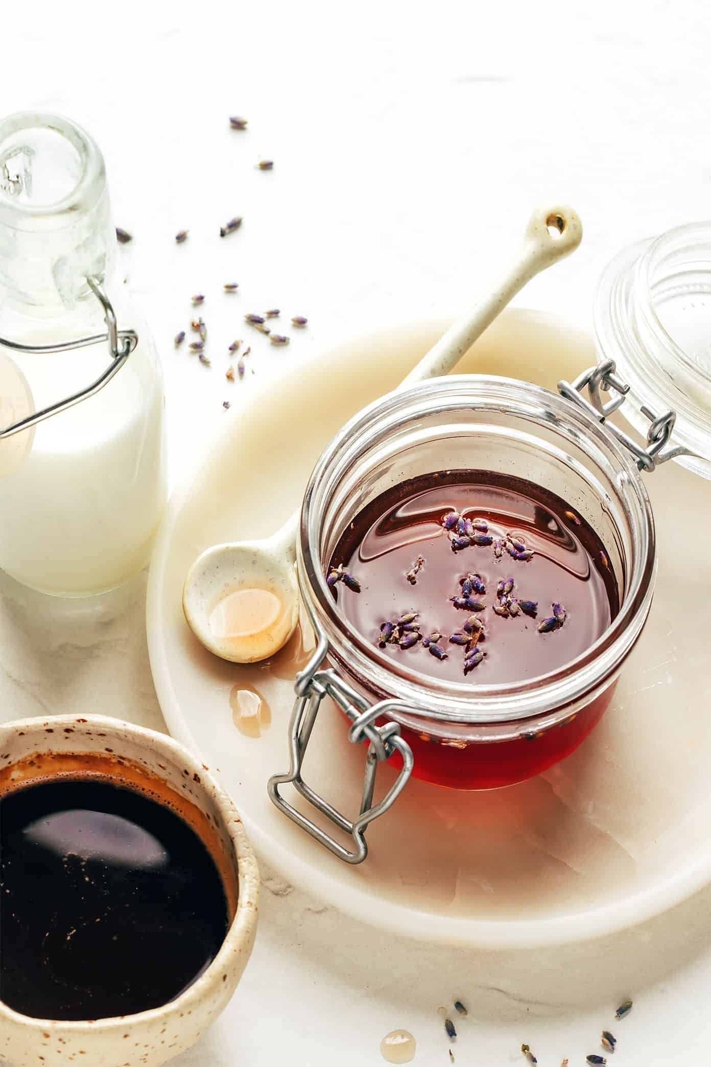 This homemade lavender latte recipe can be made hot or iced and is easy to customize with your favorite milk, espresso and add-ins. So delicious and less expensive than the coffee shop version! | gimmesomeoven.com Lavender Latte Ingredients