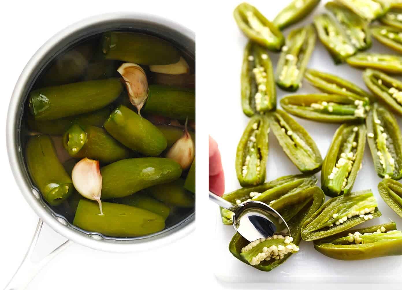 This 5-ingredient creamy jalapeño salsa recipe is easy to make in 30 minutes and irresistibly garlicky and flavorful. Perfect for dipping with chips or drizzling on whatever other Mexican-inspired dishes you love best. It is naturally gluten-free and vegan, and options are included to make this salsa as mild or spicy as you prefer. | gimmesomeoven.com Boiling and coring jalapeños to make salsa