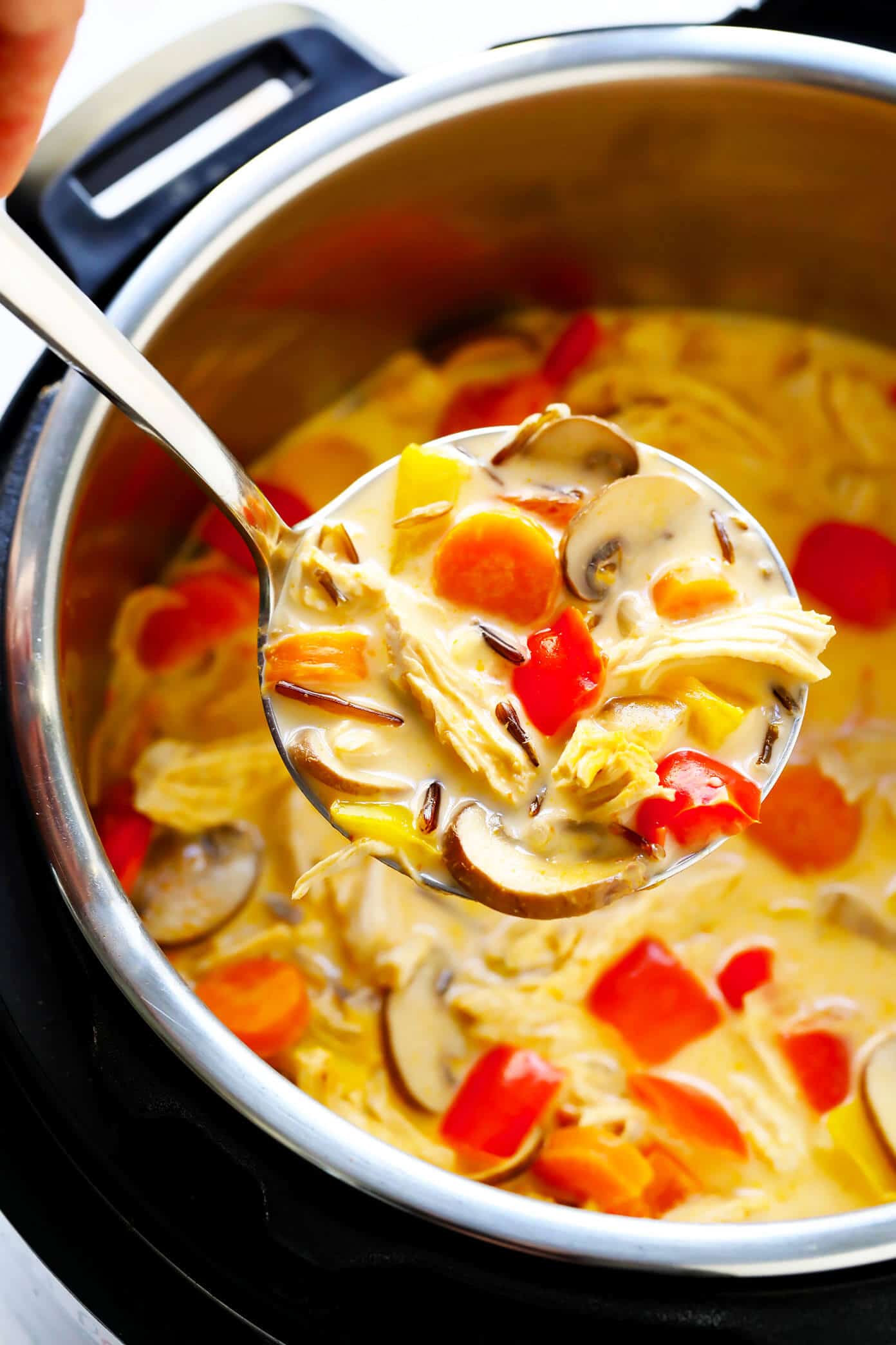 This Thai Chicken Wild Rice recipe is made with lots of veggies and the yummiest coconut ginger Thai curry broth. Plus it's ultra-easy to make in the Instant Pot, Crock-Pot or on the stovetop! | gimmesomeoven.com #chicken #soup #thai #curry #healthy #glutenfree #dinner #mealprep #pressurecooker #slowcooker Thai Curry Chicken Wild Rice Soup